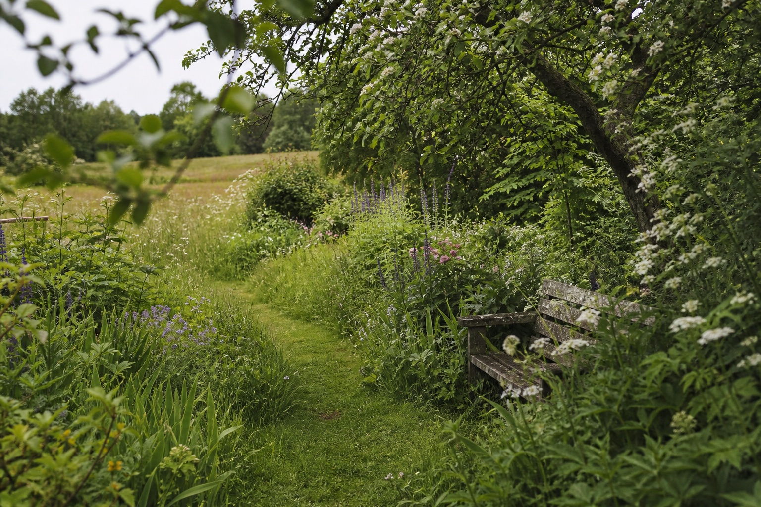 Naturnaher Garten mit Wiesenweg und einer Bank unter einem alten Baum